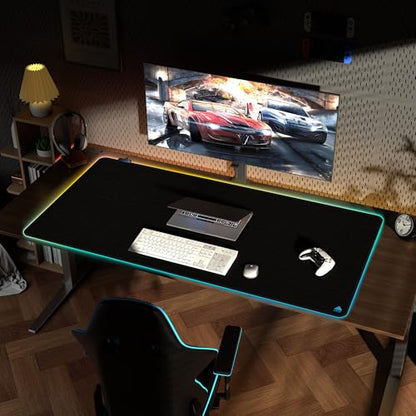 Cacoy 55"x27.5" Extra Large RGB Gaming Mouse Pad XXL, Extended LED Computer Keyboard Mouse Mat with 9 Light Mode, Oversize Office Desk Matt for Desktop with Stitched Edge & Non-Slip Rubber Base, Black - color: Rgb, size: 55" x 27.5"