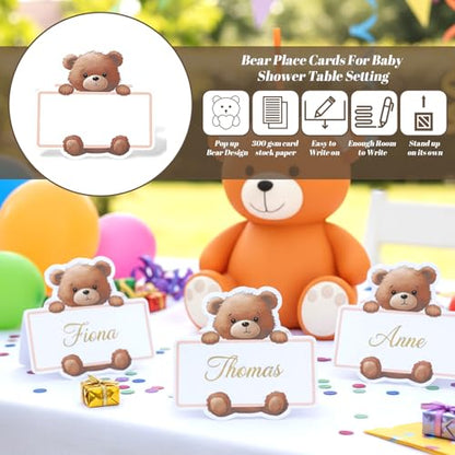 50 Pcs Bear Baby Shower Place Cards for Table Setting, Self-Adhesive Jungle Animals Name Tag Labels Stickers for Coquette Birthday Party Table Setting Supplies
