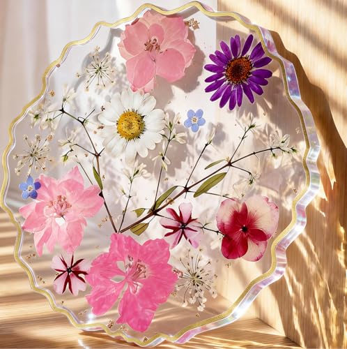 Oqplog Resin Drink Coaster for Desk Coffee Table-Pink White Cute Dried Flowers Cup Coaster for Work Office Home Outdoor Decor Gifts for Girls Women,1 Pcs Wave - color: Pink-white
