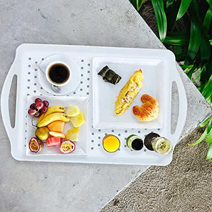 ECOIOU Non Slip Food Serving Tray with Handles, Rectangle Anti-Slip Non-Toxic Dishwasher Safe Tray for Snack Fruit Dessert Breakfast Drink Come with Cleaning Cloths, White - color: White