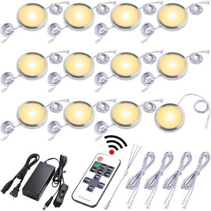 Slim Under Cabinet LED Puck Lights, 110V Wired Ambiance Lighting, Plug-in & Direct Hardwired, Daisy Chained linkable, Wireless RF Remote Dimmable, White Cables, Warm White, 12 Lights - color: 12 Lights, Warm white
