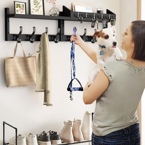 Evermagin 35" Coat Rack Wall Mount with Shelf, 4 in 1 Wall Mounted Coat and Key Hanger with 13 Hooks, Entryway Key Holder with Mail Holder for Living Room, Bedroom, Black - color: Black, size: 35 inch