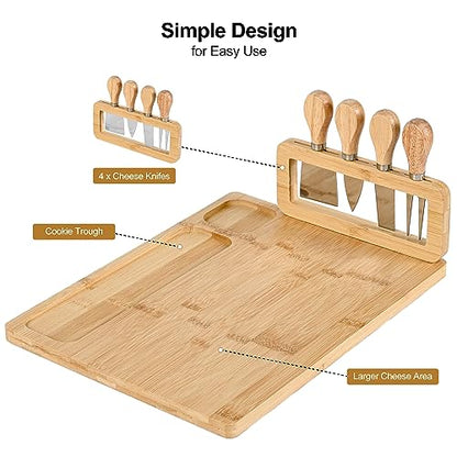 Bamboo Cheese Board and Knife Set - 14” x 11” Large Charcuterie Boards Set, Cheese Tray Platter Servers with Clasp Knife Holder, Gift for Valentines, Anniversary, Housewarming, Thanksgiving
