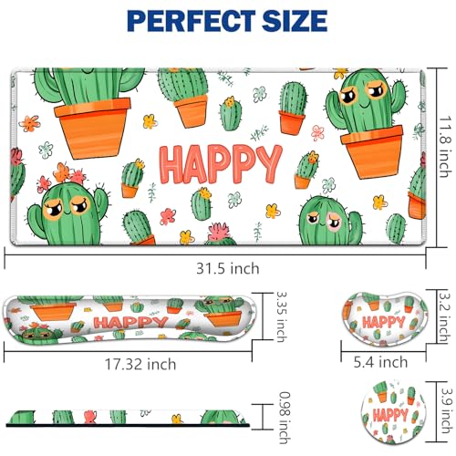 Large Mouse Pad + Keyboard Wrist Rest Set, Extended Gaming Mousepad (31.5X11.8 inch) with Non-Slip Rubber, Ergonomics Memory Foam Mouse Wrist Rest Support, Cute Cactus Pattern White XXL Desk Pad - color: Yu-Mouse Pad-3-B31