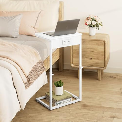 Vagusicc C Shaped End Table with Charging Station, Adjustable Height Side Table for Couch, Small End Table Small Spaces, 33.2'' Tall Couch Tables that Slide Under, Tv Tray Table for Living Room, White - color: White (1 Pack), style: With Plug