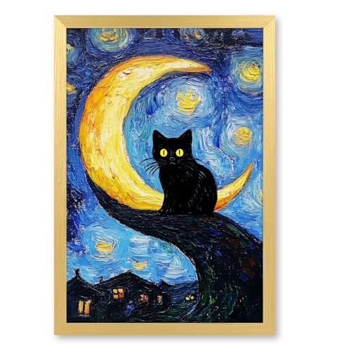 Funny Black Cat Wall Art Trendy Tree and Moon Oil Paintings Animal Poster Abstract Cat Floral Prints Posters Wall Decor Aesthetic for Farmhouse Gallery Bedroom 8x12inch Golden frame - color: Antique cat - Golden PVC frame, size: 8"L x 12"W
