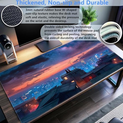 Extended Gaming Mouse Pad XL, Anime Desk Mat 31.5x15.7 in, Non-Slip Base | Ultra-smooth large mousepad featuring a cozy anime city night design. Perfect for mechanical keyboards and optical mice. - color: City starry night view