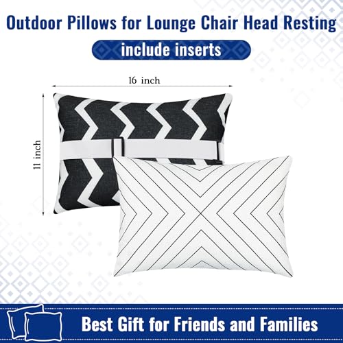 Juexica 2 Pack Chaise Lounge Pillow with Strap Outdoor Waterproof Beach Chair Neck Headrest Pillow Adjustable Elastic Band for Hammock Lumbar Recliner Pillows for Patio Pool Chair(Classic Black White) - style: Classic Black White