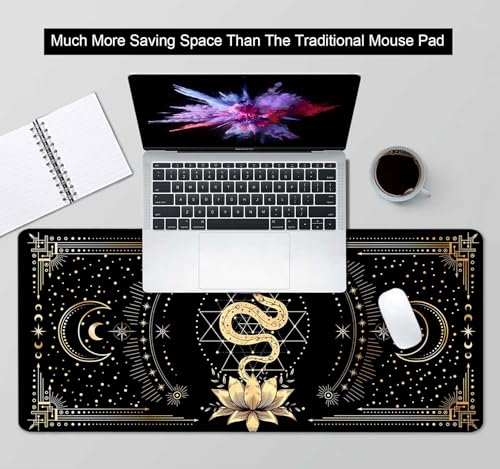 Black & Gold Large Mouse Pad, Boho Snake Witch Desk Mat for Desktop, Women Gaming Full Desk Mousepad, Moon Phases Computer Laptop Protector Writing Pad for School Office Home 35.4x15.7 in - color: Black & Gold Snake