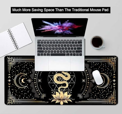 Black & Gold Large Mouse Pad, Boho Snake Witch Desk Mat for Desktop, Women Gaming Full Desk Mousepad, Moon Phases Computer Laptop Protector Writing Pad for School Office Home 35.4x15.7 in - color: Black & Gold Snake