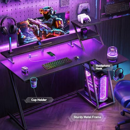 Korfile 55 Inch Black Gaming Desk with LED Lights & Power Outlet, Gaming Computer Desk with Storage Shelves, L Shaped Gamer Workstations with Monitor Stand for Bedroom - size: 55 Inches