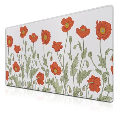 Gaming Mouse Pad Red Work Desk Mat, Large Mouse Pads Computer Deskmat, The Desk Mat Non-Slip Rubber Base Waterproof with Stitched Edges, 35.4" X 15.7" for Work/Game/Office/Home Poppies Flower - color: Red Poppies Flower
