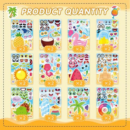 24 Sheets Summer Stickers for Kids, Make a Face Sticker Hawaii Tropical Pool Beach Stickers, Make Your Own Watermelon Pineapple Flamingo Sticker for Tropical Luau Party, Summer Holiday Party Favors - style: Summer