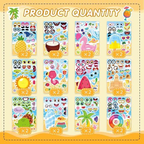 24 Sheets Summer Stickers for Kids, Make a Face Sticker Hawaii Tropical Pool Beach Stickers, Make Your Own Watermelon Pineapple Flamingo Sticker for Tropical Luau Party, Summer Holiday Party Favors - style: Summer