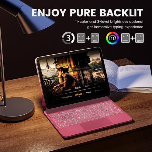 RAYMCRAFT for iPad 11th(A16, 2025)/10th Generation Case with Keyboard, Magic Keyboard 2022, Springy Backlit Keys, Stain-Resistant Surface, Multi-Touch Trackpad, Hot Pink - color: Hot Pink