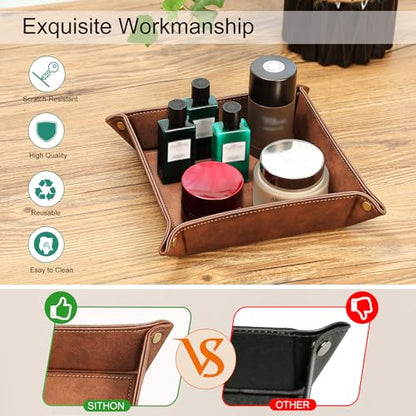 SITHON Valet Tray Desktop Storage Organizer – Premium PU Leather Catchall Bedside Vanity Tray Nightstand Caddy Holder for Keys, Phone, Wallet, Coin, Valentine's Day Gift, Brown - color: Brown