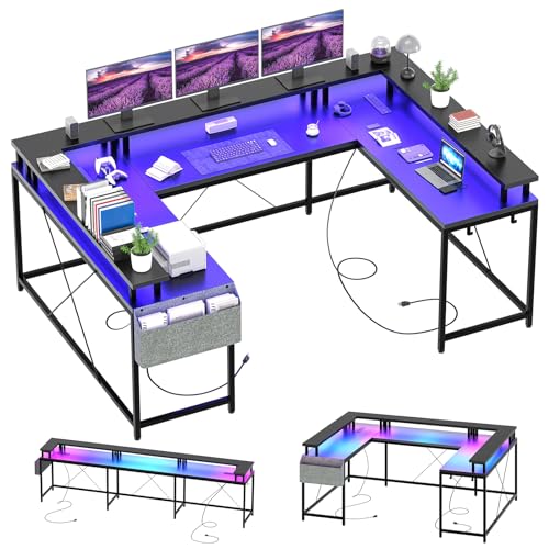 U Shaped Desk with Power Outlet & LED Lights, 79" Reversible Computer Desk with Monitor Stand, Wood Home Office Desks Gaming Desk with Shelving, Side Storage Pockets, Black - color: Black