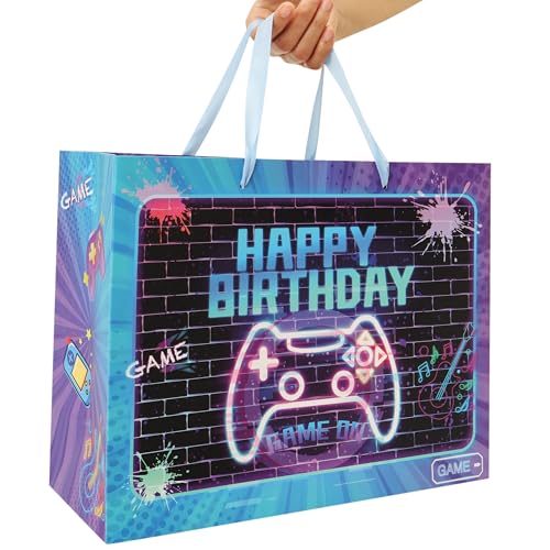 wishinside 13” Large Gamer-themed Birthday Gift Bag Set with Handles, Greeting Card, Tissue Papers and Stickers for Boys Girls Kids Teens Men Women, Game Design, 1 Pcs