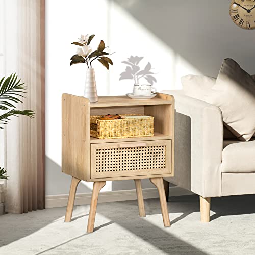 Lerliuo Rattan Nightstand, Boho Side Table with Drawer Open Shelf, Cane Accent Bedside End Table with Solid Wood Legs for Bedroom, Dorm and Small Spaces (Natural) - color: Natural, size: 1 pack