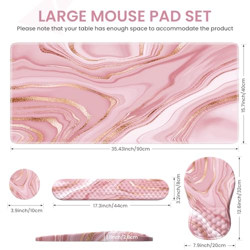 Light Pink Desk Mat Set with Mouse Pad and Memory Foam Wrist Rest, Soft Mat for Mouse and Keyboard, Large Office Desk Mat with Wrist Support, Smooth Surface, Non-Slip Base, 35.4 x 15.7 in - color: Marble Rose Gold Pink Fluid
