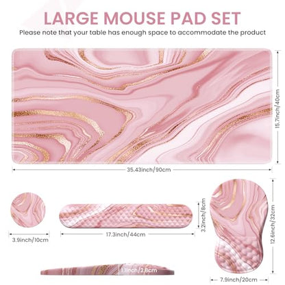 Light Pink Desk Mat Set with Mouse Pad and Memory Foam Wrist Rest, Soft Mat for Mouse and Keyboard, Large Office Desk Mat with Wrist Support, Smooth Surface, Non-Slip Base, 35.4 x 15.7 in - color: Marble Rose Gold Pink Fluid