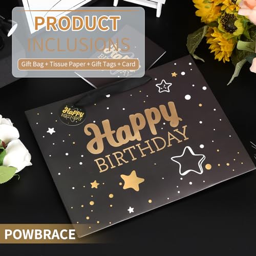 Powbrace Black Birthday Gift Bag with Tissue Paper and Greeting Card, 13'x10.2'x4.9', Medium (1-Piece Set, Black Starry Sky, Unisex, Includes Card, Ribbon, Crinkle Paper) - color: 1 PCS Black Gift Bag, size: 1 Count (Pack of 1)