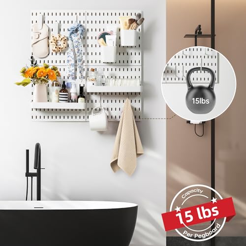VUSIGN Pegboard Combination Wall Organizer Kit, 4 Pieces Pegboards and 17 Accessories Modular Hanging, Wall Mount Display Peg board Panel Kits for Bedroom, Home, Office, Bathroom, 22" x 22", White - color: White - 4 Pieces