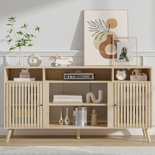 Oubayajia Mid Century Modern TV Stand, Fluted TV Stand for 65 Inch TV, Entertainment Center with Adjustable Shelf, Media Console, Wood Feet, Cord Holes, for Living Room (Wood, 58.26'')