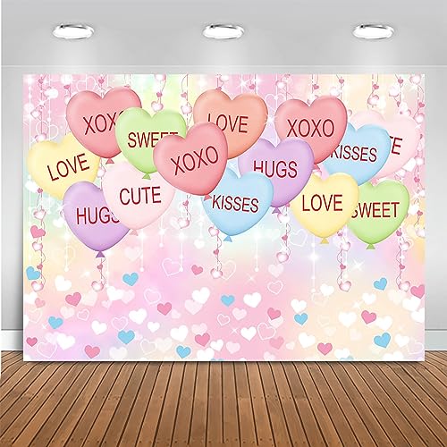 Mocsicka Valentine's Day Backdrop Kisses Hugs XOXO Photography Background Glitter Pastel Colorful Love Heart Balloons Party Decorations Photo Booth Props (10x8ft(120''x96''), Pink) - size: 10x8ft(120''x96'')