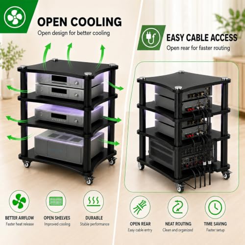 4-Tier AV Media Stand with LED Lights, Heavy Duty Mobile Stereo Cabinet Stand with Wheels, Wooden Stereo Rack, Audio Rack Furniture Perfect for DVD Player/Game Console (with Lights, 4 Tier) - color: With Lights, size: 4 Tier