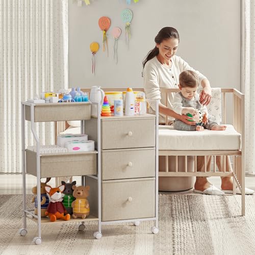 Modanais Baby Organizer and Storage - 3 Tier Rolling Cart with Dividers and Drawers, Easy To Assemble, Mobile Utility Cart with Wheels for Nursery, Bedroom, Changing Table & Crib,Off White - color: Off White