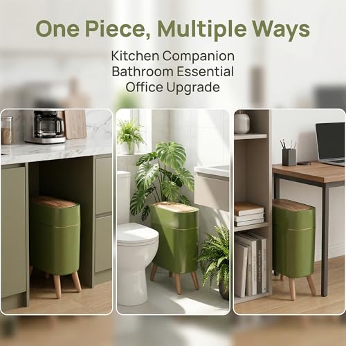 suyika Automatic Trash Can, 2.6 Gallon/10L Bathroom Trash Can with Lid - Wood Grain Lid and Legs, Touchless Waterproof Garbage Bin for Bedroom, Bathroom, Office, Living Room - color: Green