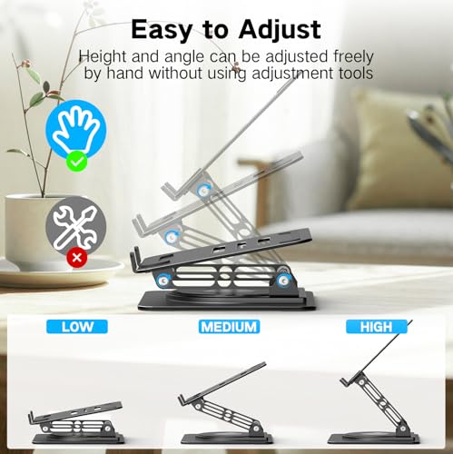 Adjustable Laptop Stand for Desk with 360 Rotating Base, Metal Foldable Laptop Riser Holder, Portable Desktop Book Stands, Ventilated Cooling Computer Notebook Stand Compatible with 10-15.6” Laptops - color: Dark Black-360°