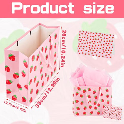 LERCTH Pink Strawberry Themed Gift Bag Set (12.99"x10.24"x4.92") – Tissue Paper, Greeting Card Included | Reusable Tote for Parties, Birthdays & Gifting (Girls, Women, Bridal) - color: Pink Strawberry Gift bag, size: 1 count (Pack of 1)