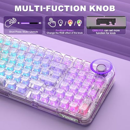 YUNZII X98 QMK/VIA Wireless Mechanical Gaming Keyboard with Knob,Tri-Mode BT5.0/USB-C/2.4GHz Hot Swappable Keyboard,Pre-lubed Switches Gasket Mount RGB Backlit for Wins/Mac (Purple, Snow Switch) - color: Purple, size: Snow Switch