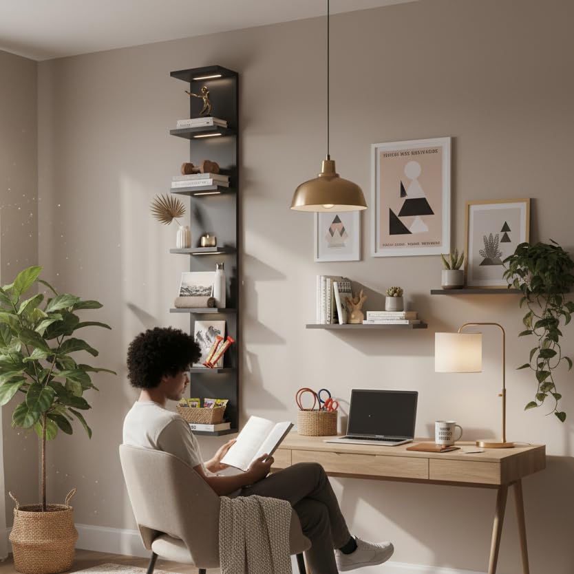 7 Tier Wall Shelves with Led Light, Lack Wall Shelf Unit, Vertical Shelf with Remonte Control,Black Shelves - color: 7 Tier Black