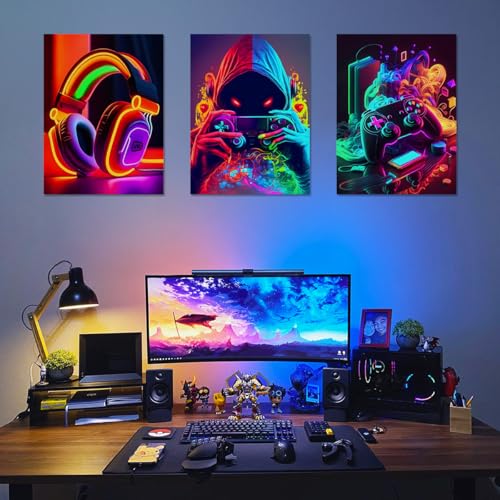 Dazzlewall 3Pcs Neon Gamer Wall Art Set, Vibrant Headphone Player Controller Posters for Game Room Bedroom Decor 12x16 in Unframed - color: Neon Game Vibes, size: 12x16 in