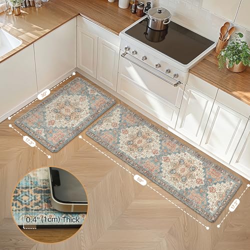 GENIMO Kitchen Mats for Floor 2PCs, Washable Anti Fatigue Mat for Cushioned, 17.3"x59"+17.3"x30", Waterproof Kitchen Rugs, Non Slip Comfort Standing Mat Rug for Home, Sink, Laundry, Blue&Salmon - color: Blue&salmon, size: 17.3"x59"+17.3"x30"--0.4 inches