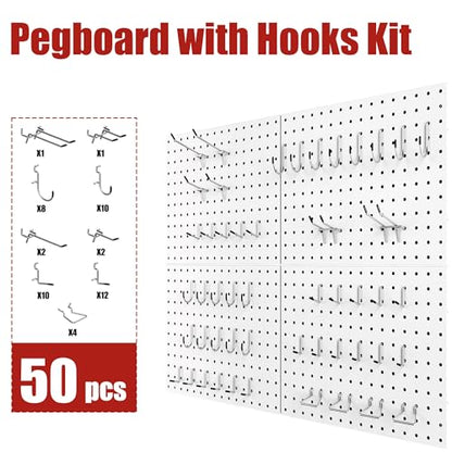 Peg Board 4 Pack Metal Pegboard Panels with 50 Hooks, White Pegboard Organizer - color: White, size: 16x12"- 4 Pcs
