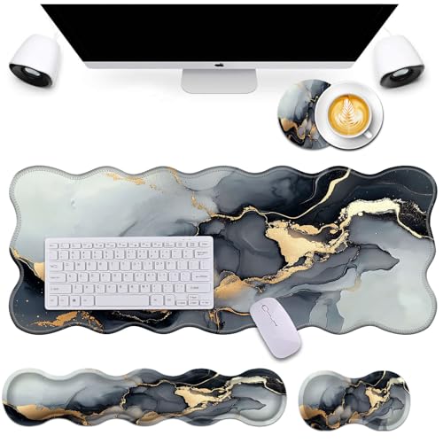 Bxgolkgd Desk Mat Set,Mouse Pad with Keyboard Wrist Rest & Mouse Wrist Rest,Wave-Shaped Design,Non-Slip Rubber Base,Ergonomic Desk Mat for Home,Office,Gaming,Marble - color: Marble