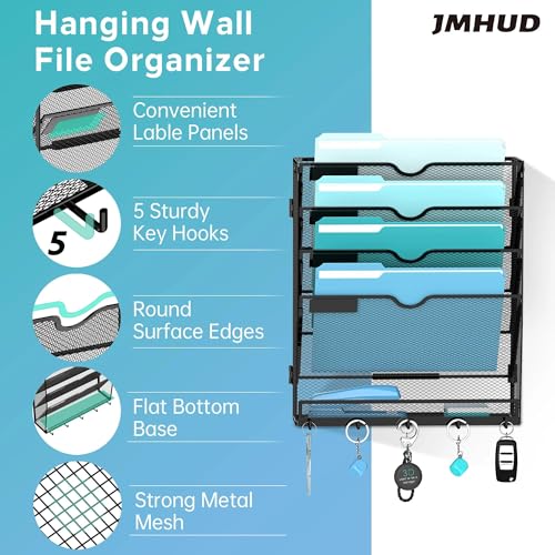 5 Tier Wall File Organizer - Hanging File Organizer with 5 Hooks, Mail Holder Wall Mounted for Papers, Folders, Magazines, Bills, Office&School Organization, Black - color: Black, size: 5 Tier