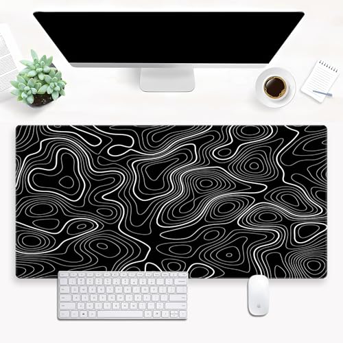 Extended Gaming Mouse Pad XL, Black Topographic Map Desk Mat, Non-Slip | High-performance XL gaming mousepad featuring an abstract contour line print and heavy-duty stitched edges. - color: Black Topographic