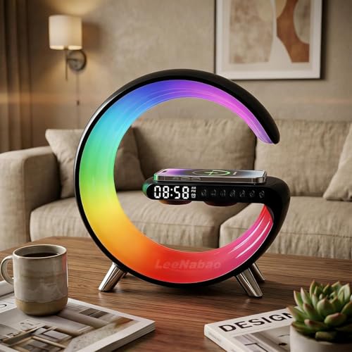 Smart LED Table Lamp,4-in-1 Wireless Charger with Speaker,Night Light, Alarm Clock, and Bluetooth Speaker with App Control, Ideal Gifts for Home, Office, Christmas (Light Black) - color: Light Black