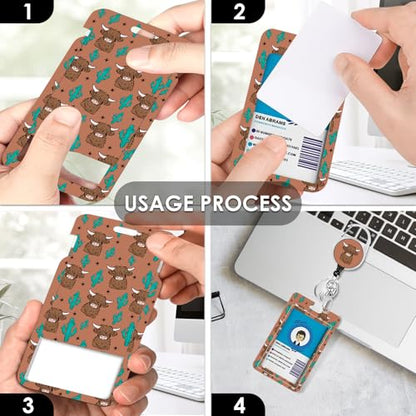 Lanyards for ID Badge, Cow Lanyard ID Card Holder with Retractable Reel Clip and Keychain, Wild Yak Vertical Identity Heavy Duty Badge Cover Case Protector for Teacher Nurse Women Men - color: Cow-brown