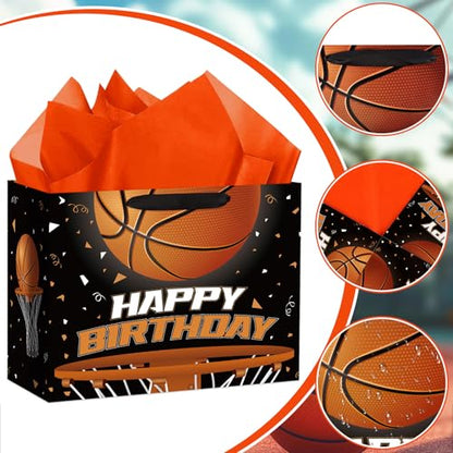 Hooqict Large Basketball Gift Bag with Handles, Tissue Paper, Greeting Cards Basketball Birthday Gift Wrap Bag for Kids Boys Men Sports Themed Goodie Treat Party Favors - color: Basketball