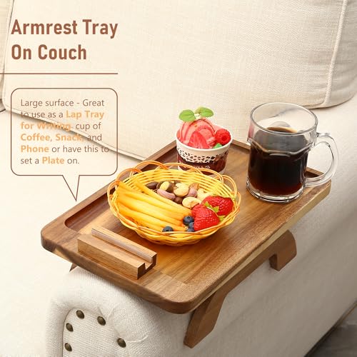 SINWANT Couch Arm Tray, Acacia Wood Sofa Arm Rest Table Clip on Wide Armrest,Folding Anti Slip Couch Armrest Table with 360° Rotating Phone Holder for Snacks,Drinks,Remotes - color: Acacia Wood
