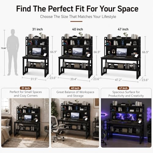 47 Inch Gaming Desk with 1 Power Outlet, 2 USB & LED Lights, Computer Desk with Hutch, Pegboard, Home Office Desk with Shelves for Bedroom, Study (Black,47inch) - color: Black, size: 47inch