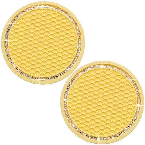 2PCS Bling Cup Holder Coaster, 2.75 Inch Auto Car Cup Holder Insert Coasters, Soft Silicone Anti-Slip Shockproof, Universal Vehicle Interior Accessories for Women Girls (Yellow & White) - color: Yellow & White, size: 2 pcs
