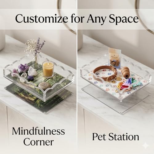 Scalloped Acrylic Tray with Magnetic Mat - 7x5 inch Photo Display Tray, Customizable Vanity Tray for Bathroom Counter, Home Office Desk Organizer, Outdoor Serving Tray, Catchall for Jewelry & Keys - size: 7" x 5" x 2"