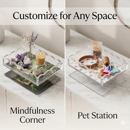 Scalloped Acrylic Tray with Magnetic Mat - 7x5 inch Photo Display Tray, Customizable Vanity Tray for Bathroom Counter, Home Office Desk Organizer, Outdoor Serving Tray, Catchall for Jewelry & Keys - size: 7" x 5" x 2"